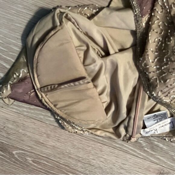 Lawrence Kazar Beaded Silk Dress Ivory Lavender Floral Scallop Short Sleeve 8 P - Picture 11 of 15